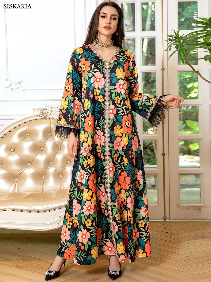 

Siskakia Muslim Women Fashion Floral Abaya Dubai Feathers Patchwork Long Sleeve Dress Casual Diamonds V-Neck Moroccan Saudi Robe