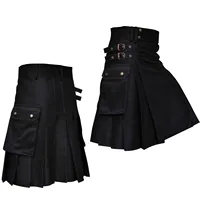 Scottish Style Men Cool Pocket Kilts Casual Skirts Black Solid Color Gothic Kilt Vintage Cargo Kilt Metal Belt Pleated Skirt 2