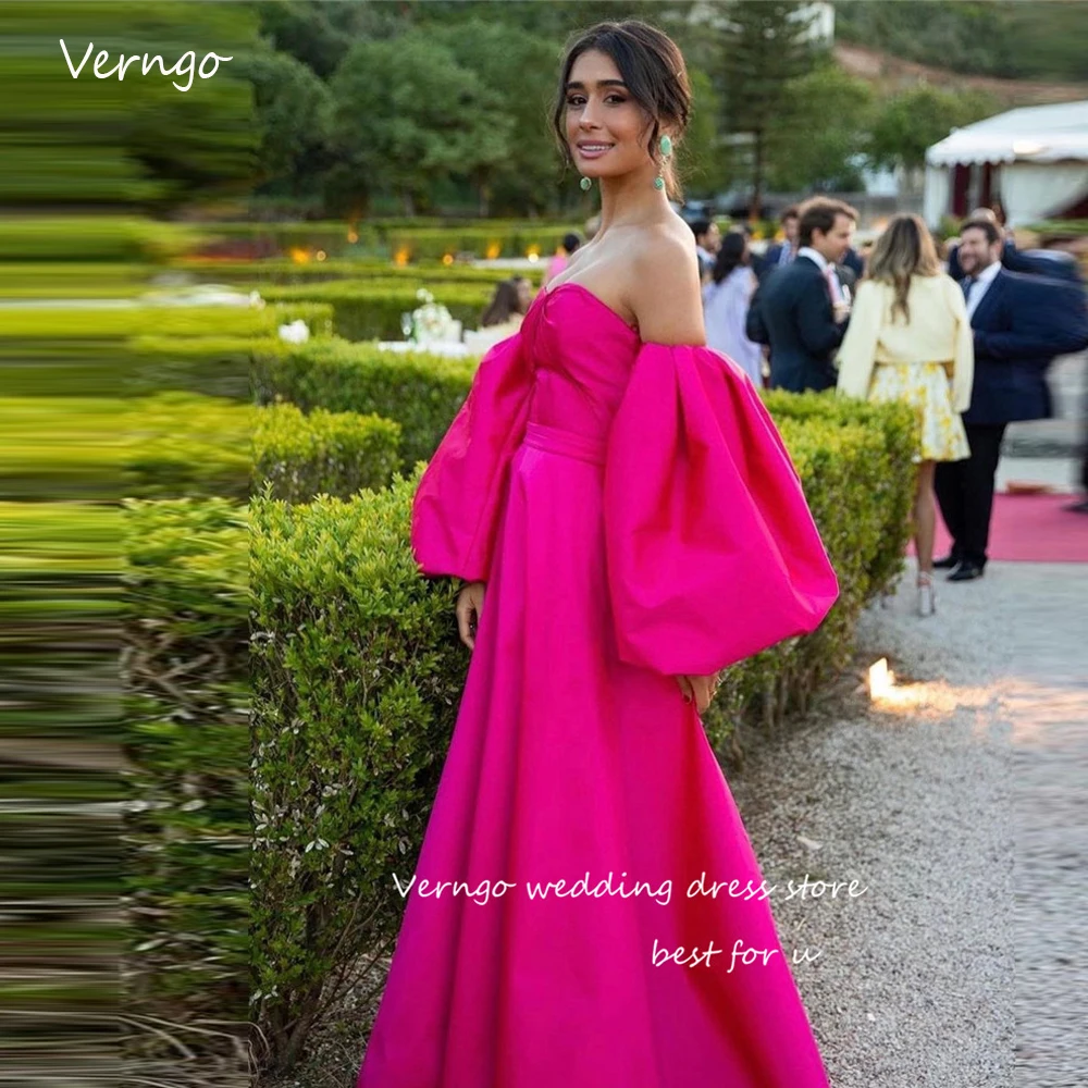 

Verngo Fuschia Satin A Line Evening Dresses Sweetheart Puff Long Sleeves Dubai Arabic Femme Formal Prom Gowns Party Occasion