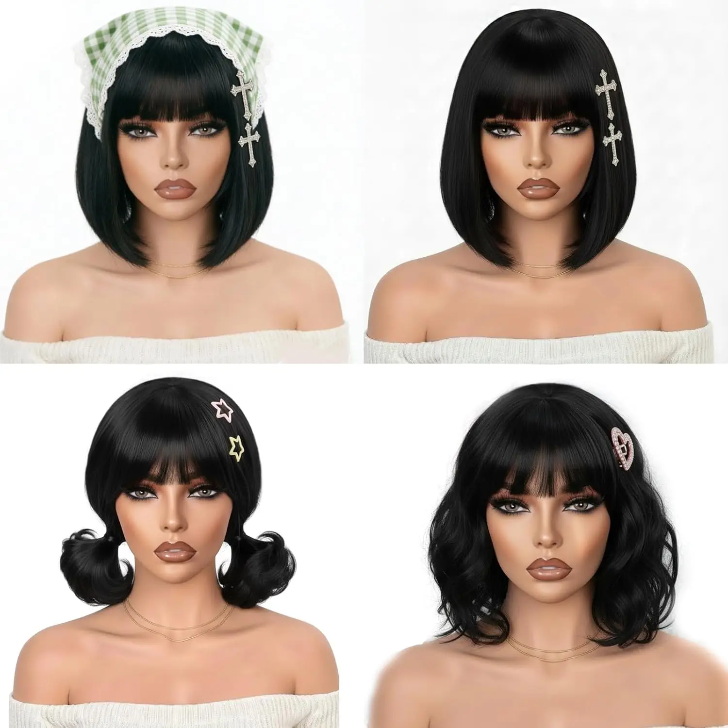 Straight Bob Wig with Bangs Glueless Wigs Human Hair HD Lace Short Natural Black Bob Blunt Cut 180% Density 16 Inches For Women 2