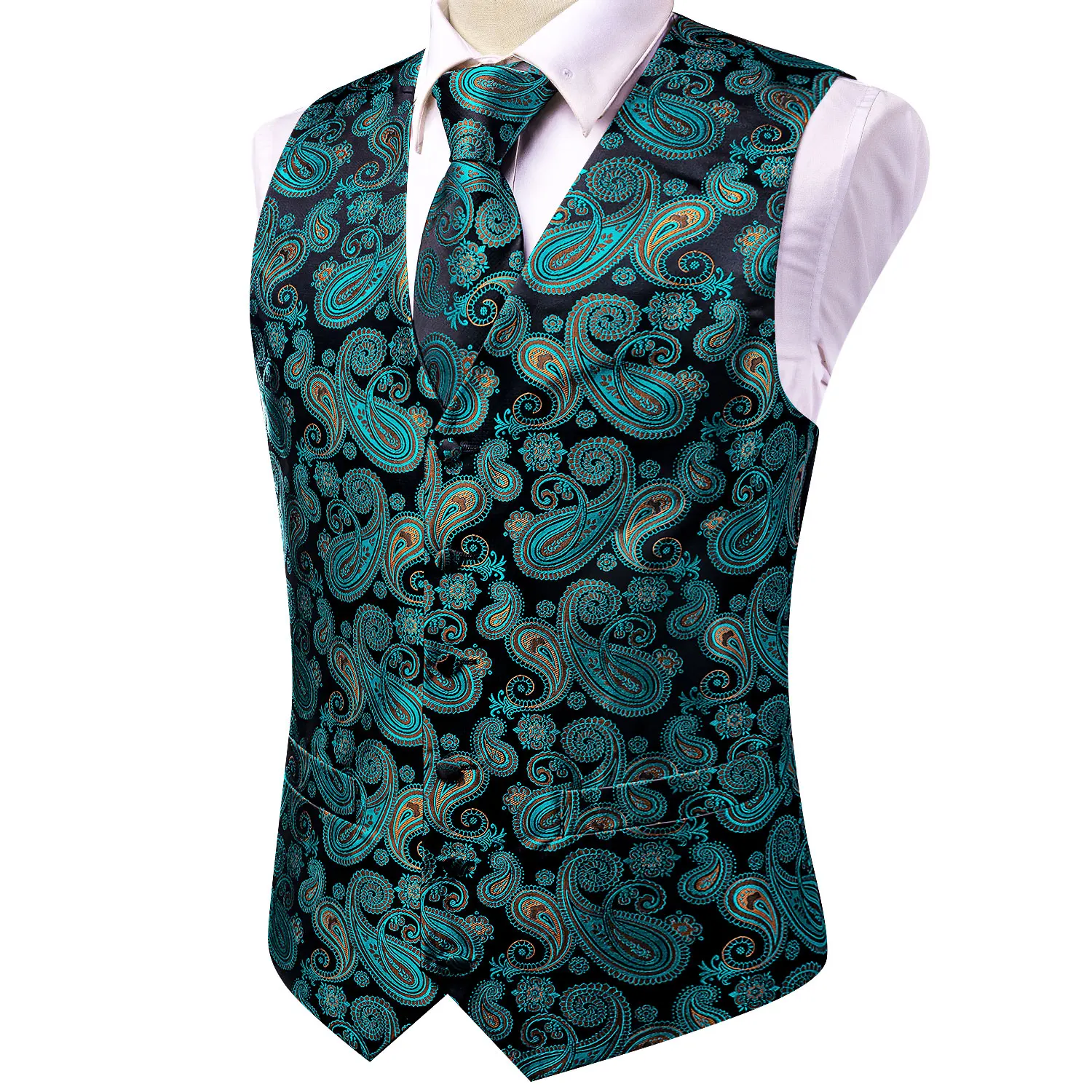Hi-Tie Silk Paisley Mens Vest Hanky Cufflinks Set Same Pattern Orange Brown Purple Teal Waistcoat Jacket for Wedding Office Gift