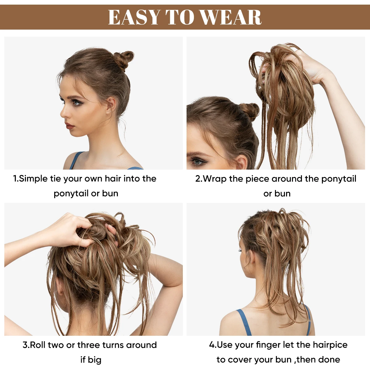 Synthetic Elastic Curly Messy Bun Hairpiece Scrunchie - Black, Blonde, Brown Natural Faux Hair Chignon Band Updo