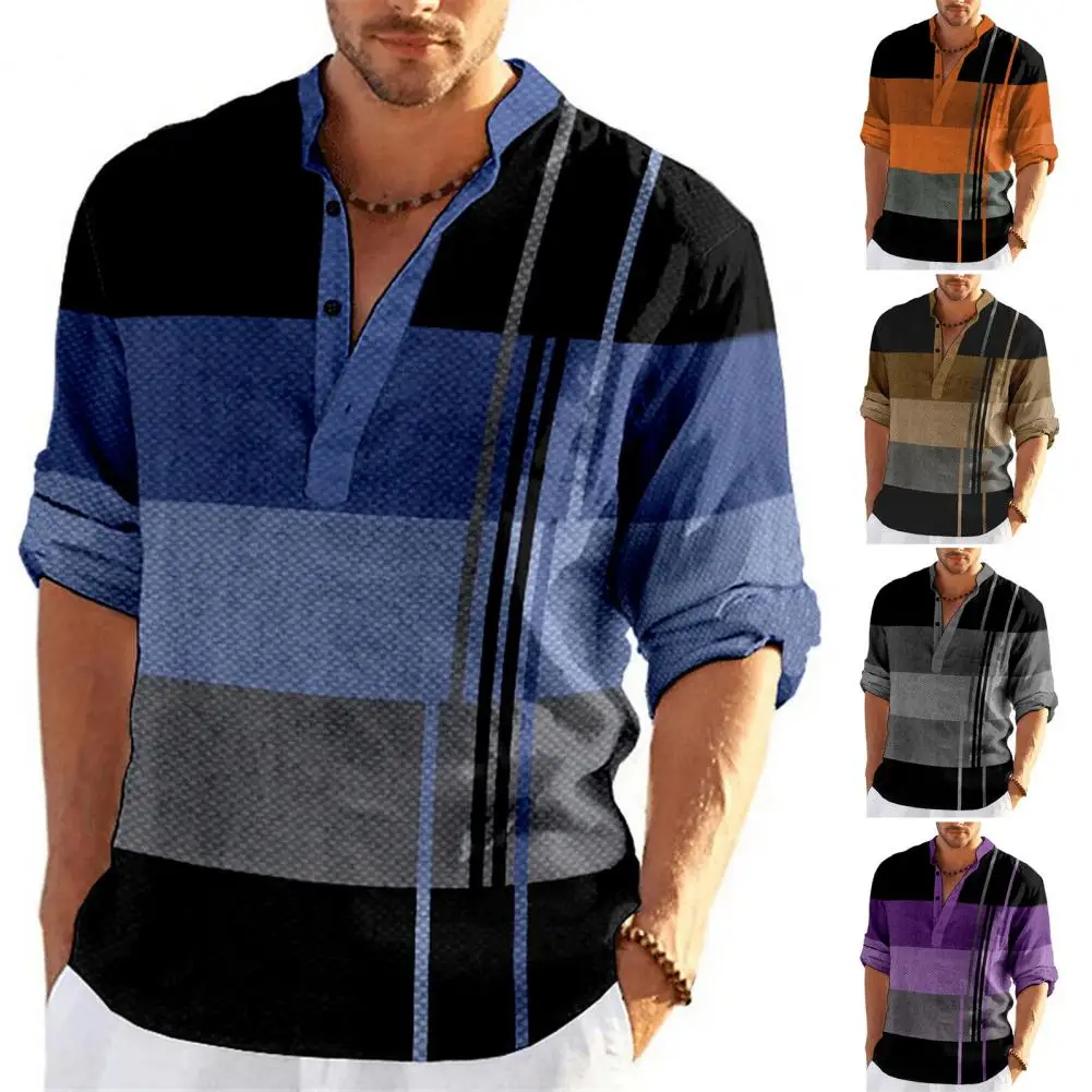 

Men Business Shirt V-Neck Buttons Neckline Long Sleeve Pullover Tops Patchwork Color Casual Shirt Tops Versatile Color Block Top