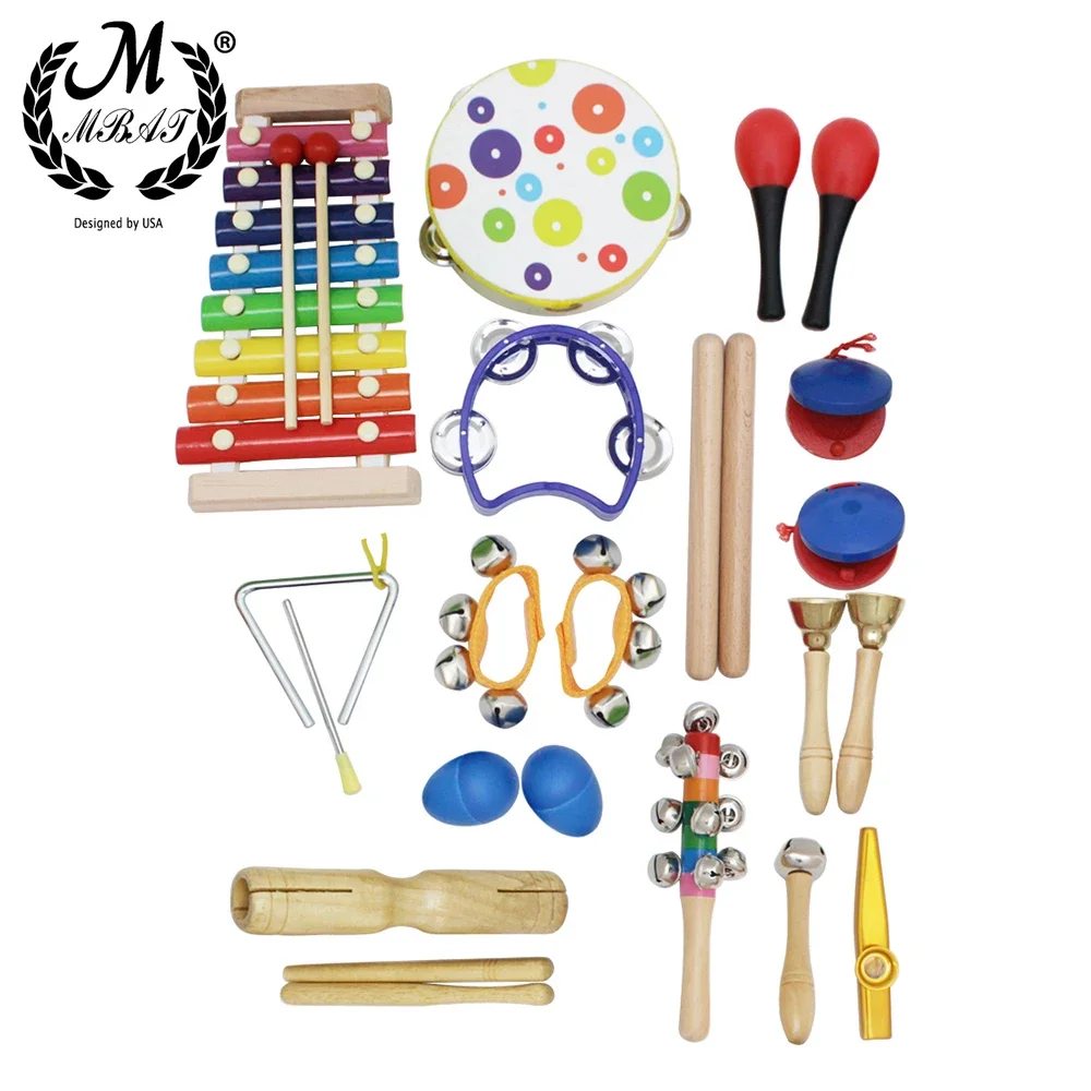 M MBAT 19Pcs Toddler Musical Instruments Set Kid Toys Handbell Tambourine Baby Early Education Tools Birthday Gifts Random Color