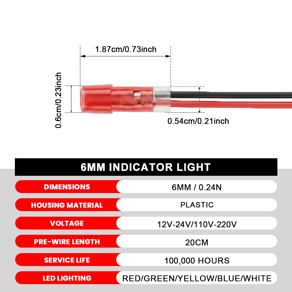FILN 20PCS 6mm LED 표시등 12V-24V IP67 방수 경고 램프 자동차 해양 산업용 소형 장비 제어 박스