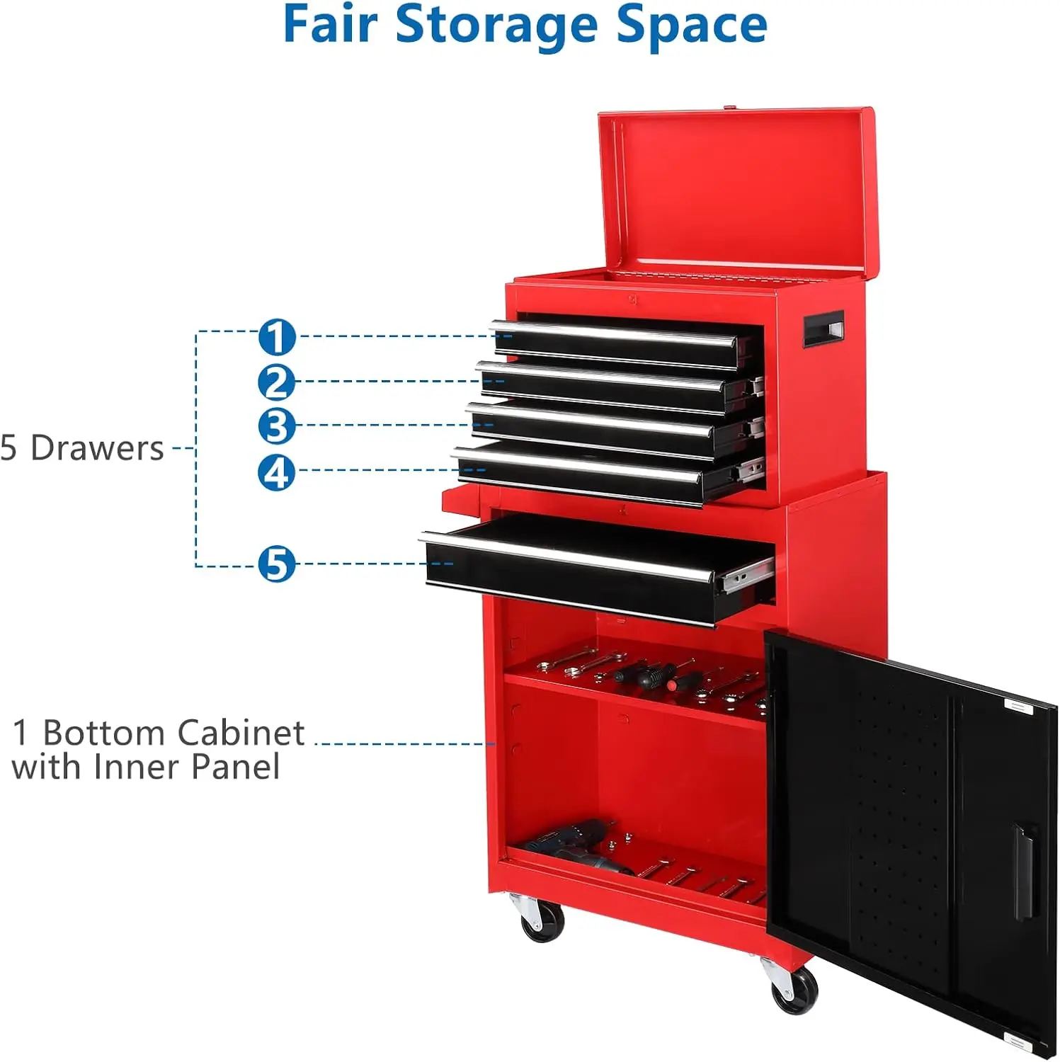 5-Drawer Rolling Tool Chest Storage Cabinet Detachable Top Adjustable Shelf Mechanic Tool Organizer Box