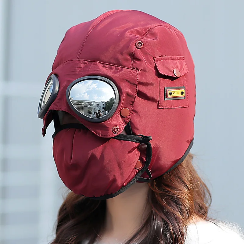 Winter Bomber Hat Adult Kids Windproof Hood Pilot Hats with Mask Glasses Warm Earflap Cap Russian Ushanka Caps Balaclava balaclava hat winter hat earflap hat