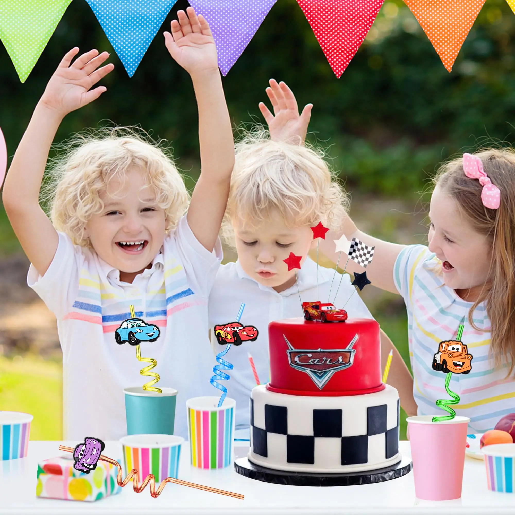 Birthday Party Supplies Party Supplies Wheels Car Party Favors Reusable Drinking Straws for Kids Boys Racecar Wheels Straws Birthday Decorations