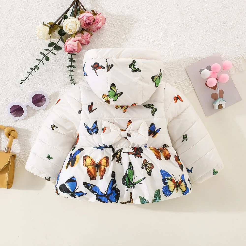 Girls Winter Cotton Jacket Thickened Warm Butterfly Printed Hooded 0-3 Years