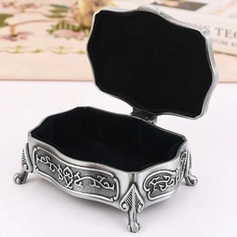 Jewelry Storage Box Ancient Silver Organizer Square Shape Alloy Storage Jar Earrings Ring Unique Gift for Family Dresser Display