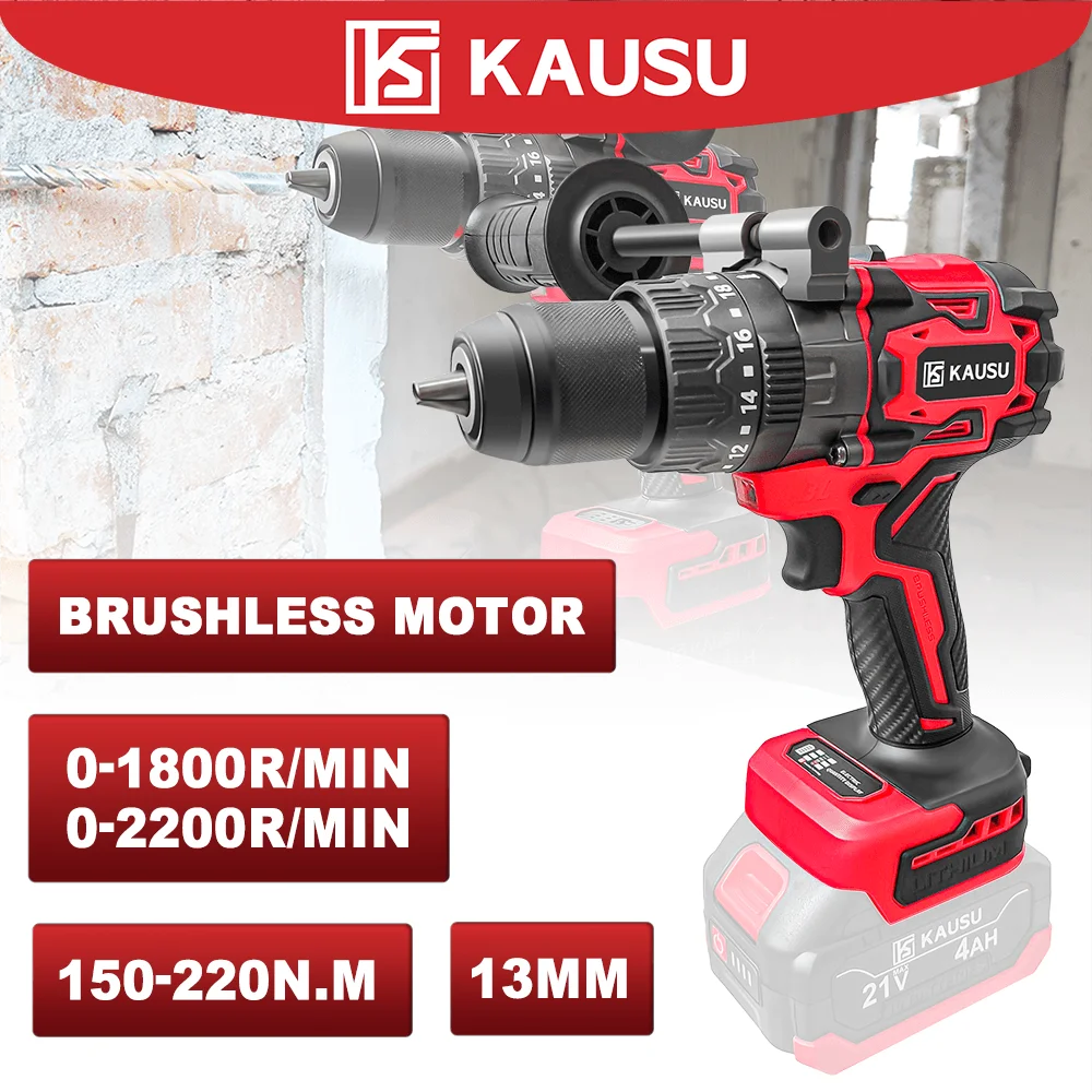 KAUSU Brushless Electric Drill 13mm 2 Speed 20 3 Torque Cordless Ice Drill With Impact Function Power Tool Makita 18V Battery