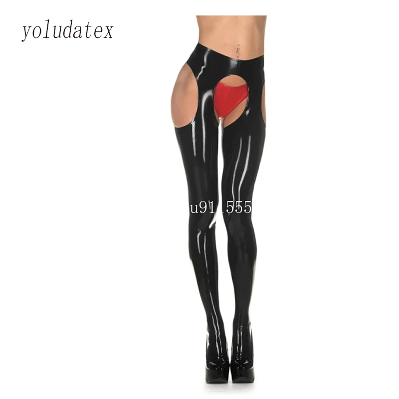 

Yoludatex New Style Fetish Latex Suspender Tight with Red Brife Sexy Leggings with Socks Femals Rubber Latex Pants