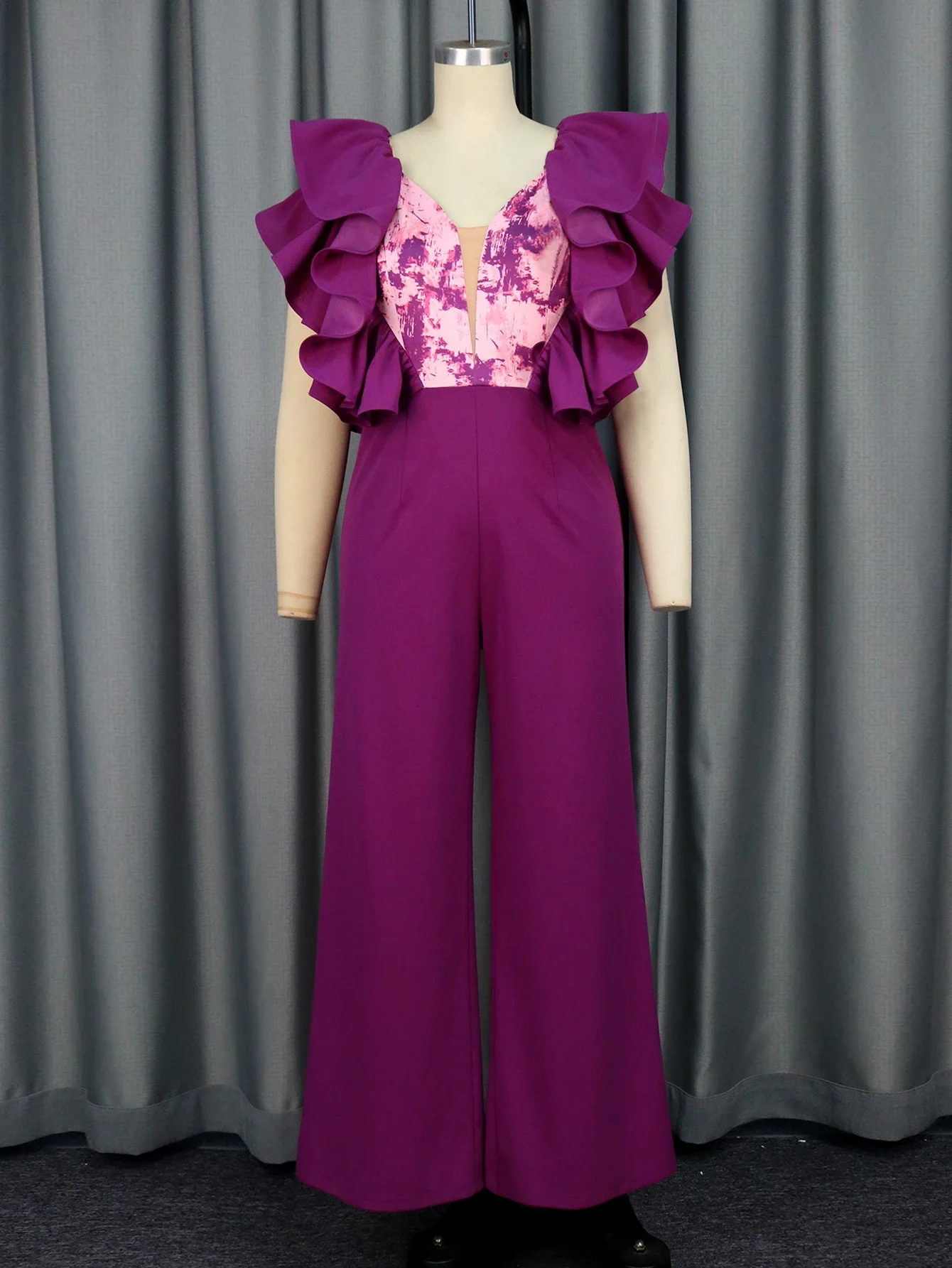 Purple Jumpsuits for Women Printed Wide Leg Pants Ruffles High