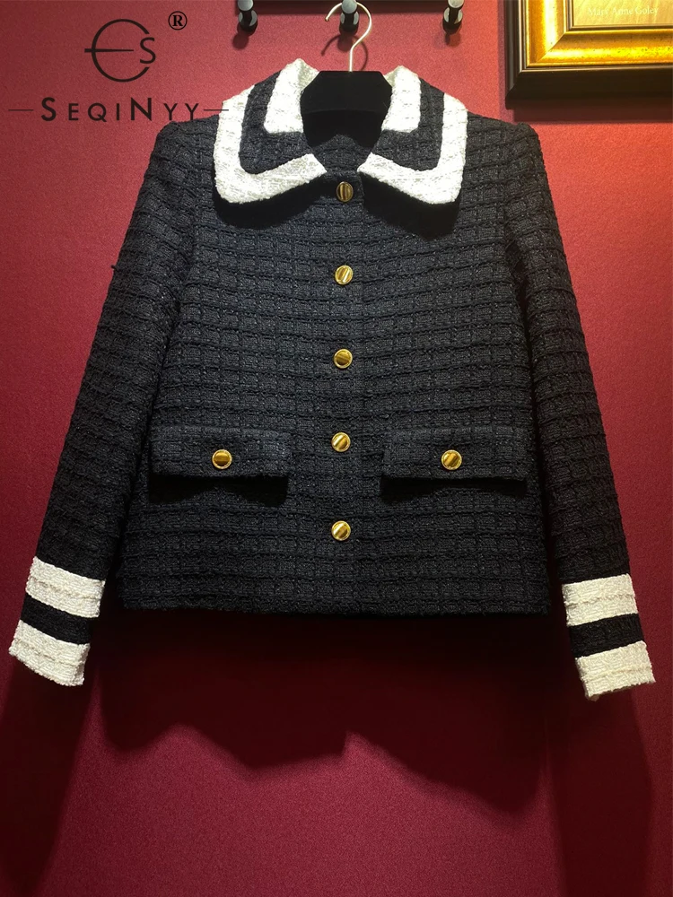 

SEQINYY Tweed Jacket Spring Autumn New Fashion Design Women Runway Black White Contrast Color Golden Buttons Loose Top Elegant