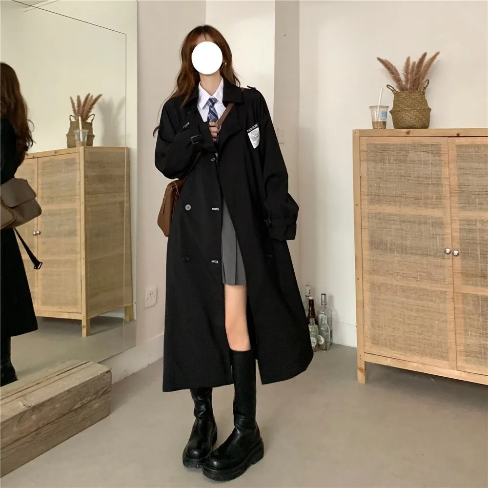 

Black trench coat long women's 2022 new thin coat knee-length lace-up coat