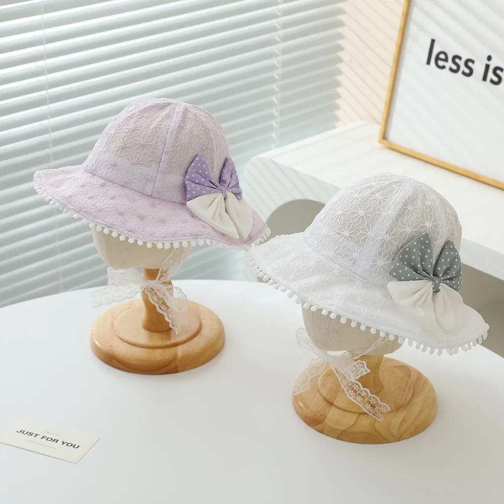 New Spring Summer Girls Fisherman Hat Patchwork Bows Flowers Lace Hat Big Brim Bucket Girls Princess Breathable