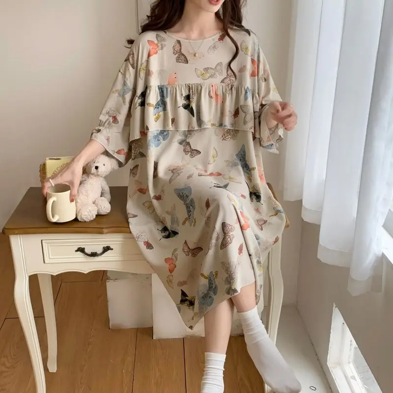 Anti-bumping Pure Cotton Sleepwear Women's Summer Silk Loungewear Floral Loose Comfortable Printed Nightdress women nightgowns women nightdresses sleeping dress