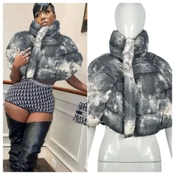 Tie Dye Print Puffy Cape Parkas Women Winter Warm Turtleneck Half Sleeve Cotton Padded Jacket Crop Tops Fashion Casual Coats