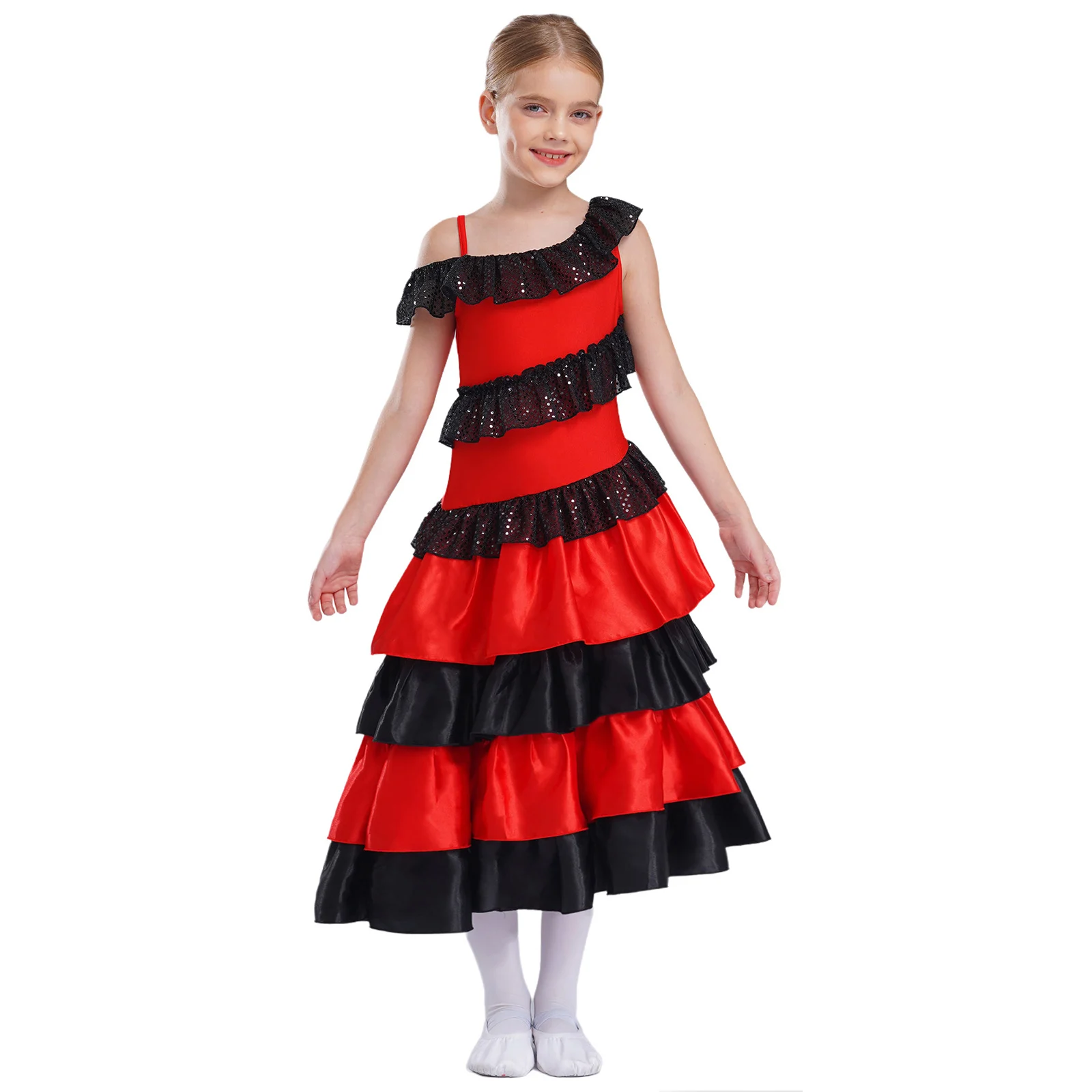 Women Flamenco Dresses Girls Spanish Flamenco Dance Dress Off Shoulder Ruffles Satin Dress Classic Flamengo Gypsy Dancewear Performance Costume