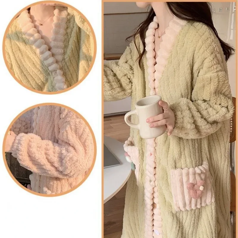 Coral Velvet Pajamas Winter Women's Plush Thickened Bathrobe Autumn Long Bathrobe Flannel Sleepwear V-neck Nightwear 2023 New