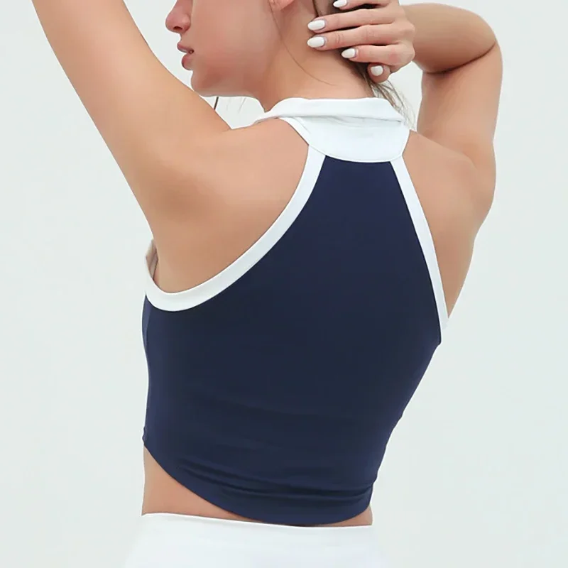 Women's Sports Tennis vest Women's sleeveless zip-up lapel high stretch Fitness T-shirt with padded Golf Yoga Badminton top