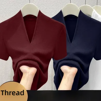 Summer 2025 NEW Sexy V Neck Slim T Shirt Women Cotton Elastic Basic Solid Female Casual Tops Short Sleeve Thin T-shirts 1