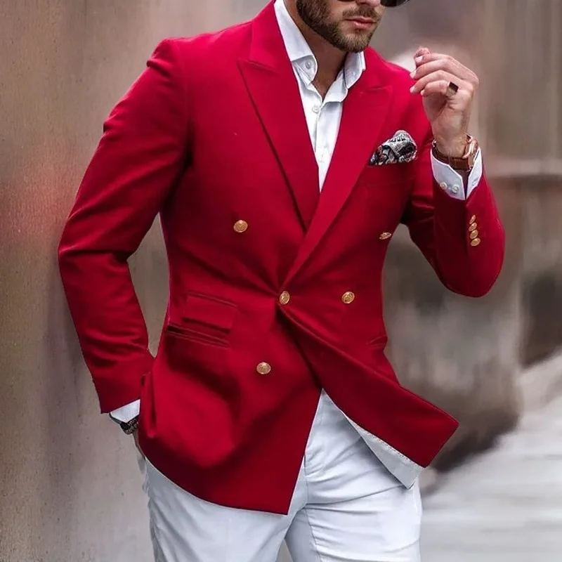 

Red Double Breasted Men Suits with White Pants Slim Fit Casual Prom Groom Tuxedos Wedding Wear 2 Pieces Fashion Blazer 2023