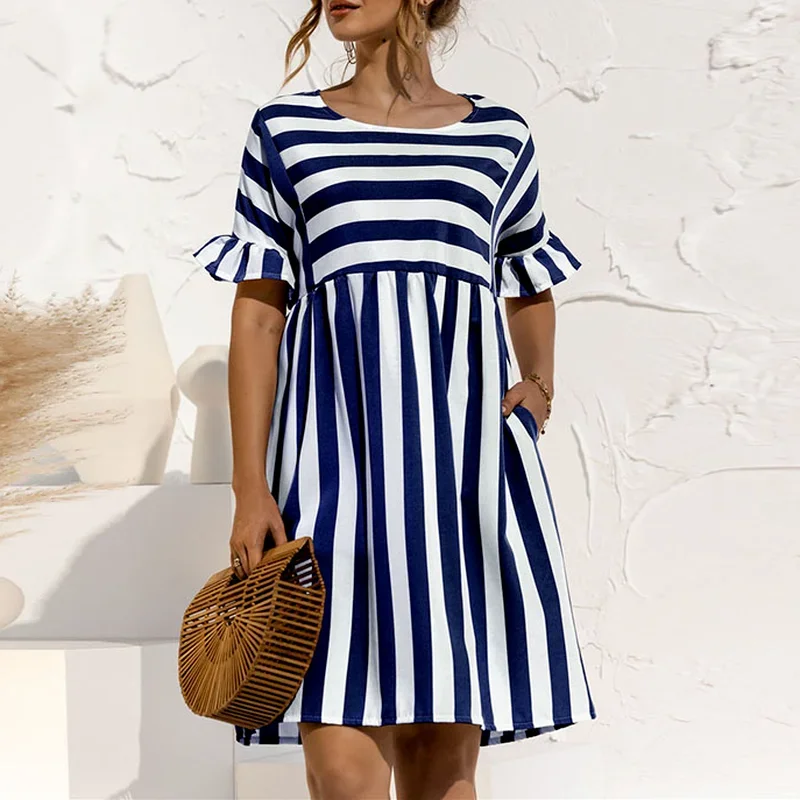 

Women Summer Dress Cute Vestidos Loose Striped Print Ruffles Sleeves Dresses Elegant A Line Patchwork Beach Party Female Dress