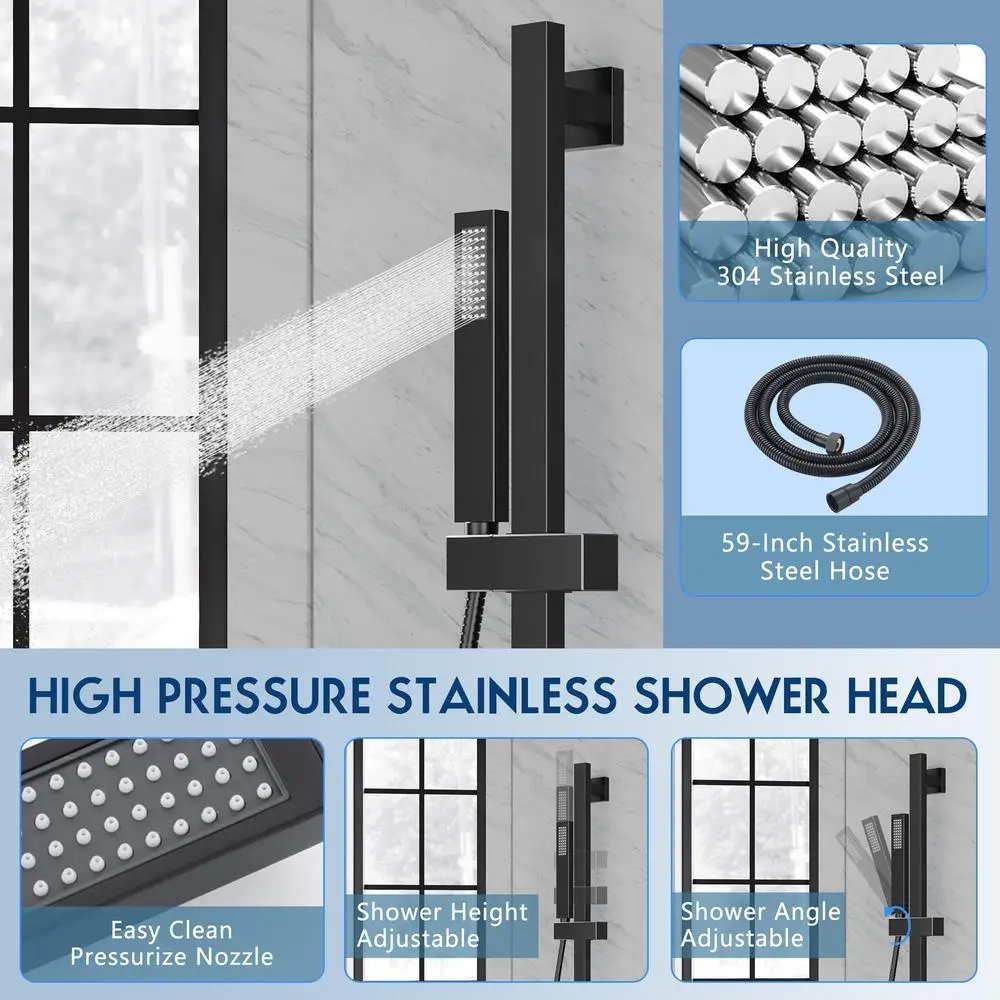 Black Shower Faucet Set with Slide Bar All Metal System Valve 6" Rain Wall Mount Combo Handheld Stainless 16" Arm Hose Bracket 5