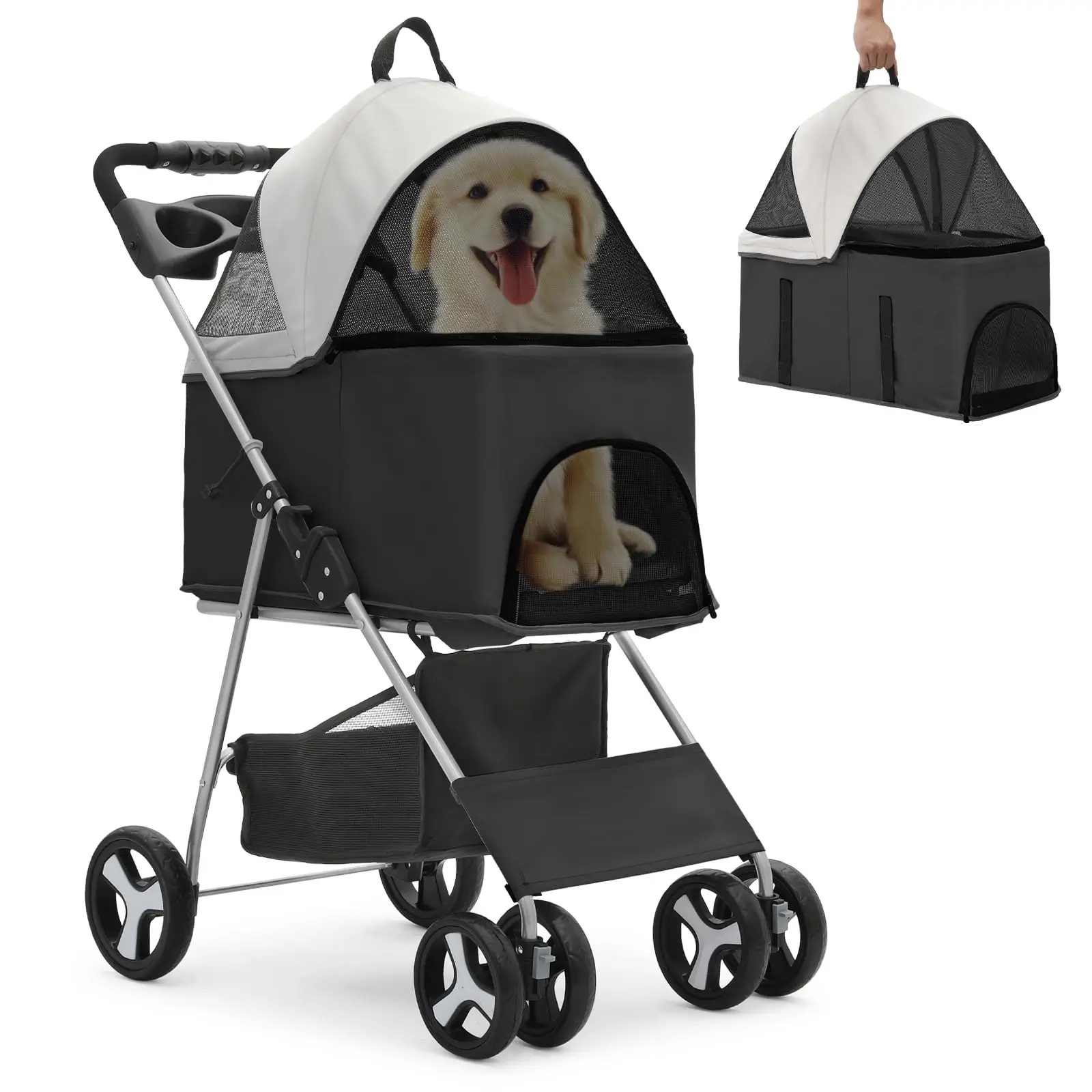 

Black 3-in-1 Foldable Pet Stroller Detachable Carrier, Car Seat for Small/Medium Pet up to 33lbs