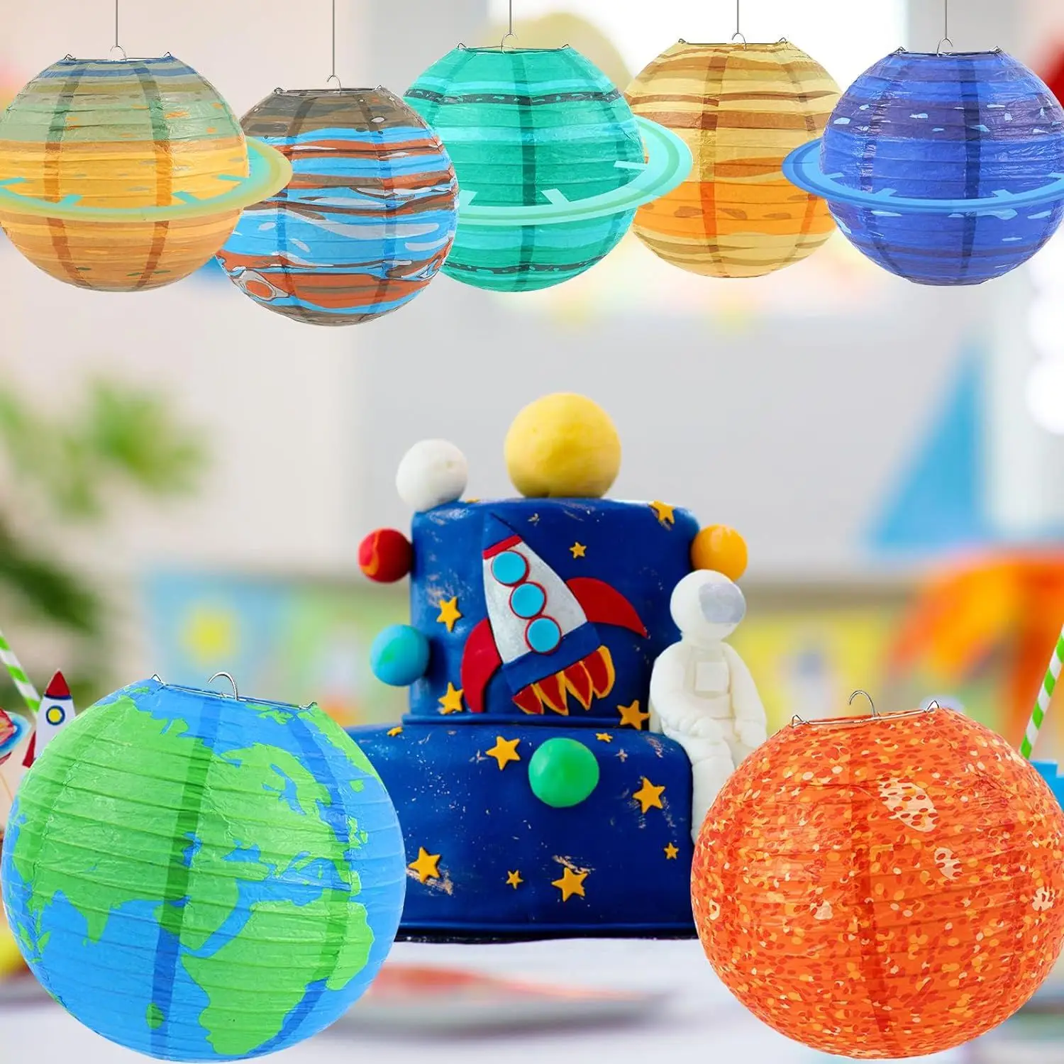 Description Picture 6 of itemOuter Space Theme Disposable Tableware 3D Astronaut Rocket Foil Balloons Planet Lanterns For Boy Kids Birthday Party Decoration