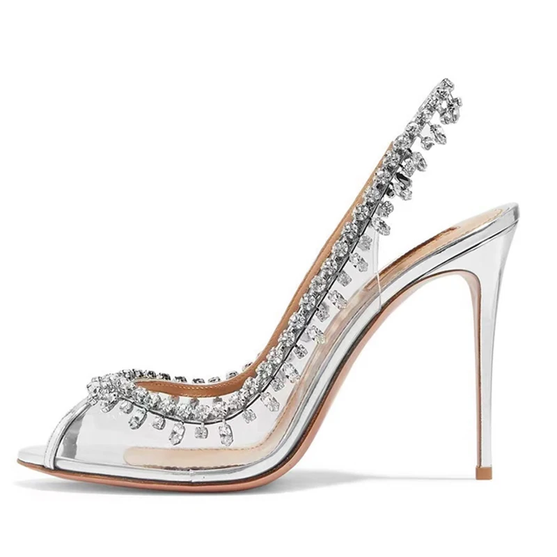 

Big Size 47 Western Peep Toe Clear PVC Women Summer Stiletto Sandals High Thin Heels Rhinestone Dress Shoes Pumps