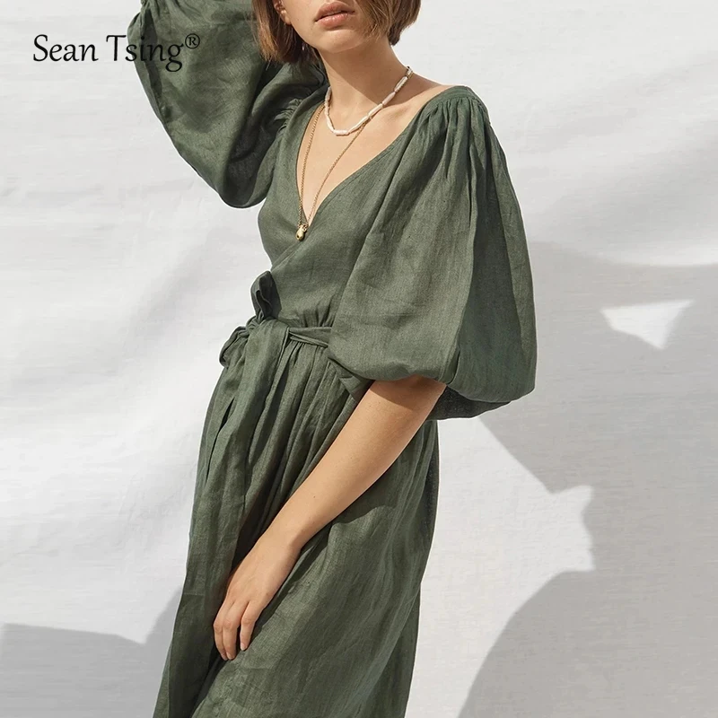 

Sean Tsing® Cotton Linen Dresses Women Short Sleeve V-neck Puff Sleeve Bandage Dress Travel Casual Fashion Vestido 2023 Summer