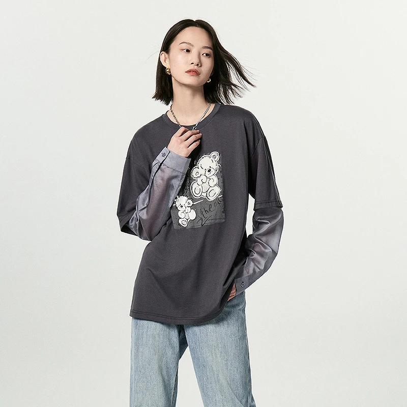 

Toyouth Women Fake Two Piece Tees 2023 Autumn Long Sleeve O Neck Loose T-shirt Bear Print Embroidery 100% Cotton Gray Tops