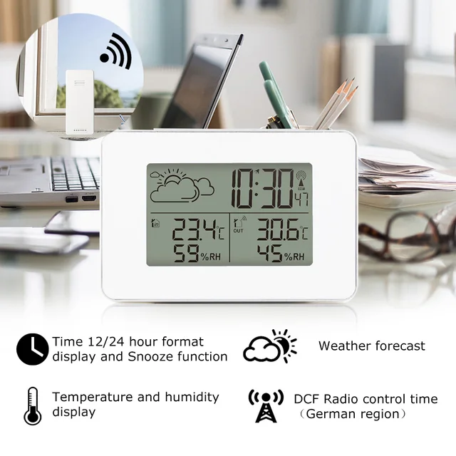 Weather Station Alarm Clock Electronic Digital Temperature Humidity Meter Barometer Desk Watch Alarm Snooze Wireless Sensor - Image 2