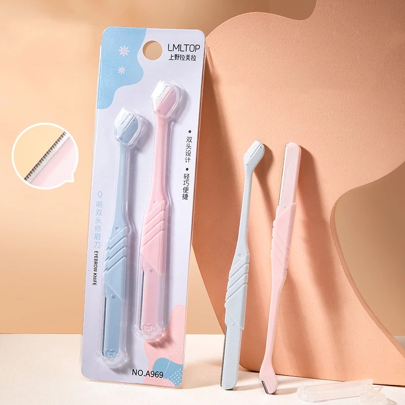2Pcs/set Makeup Tools Eyebrow Trimmer Wide Narrow Mouth Big Small Blade Straight Angled Edge with Protective Cover for Veteran