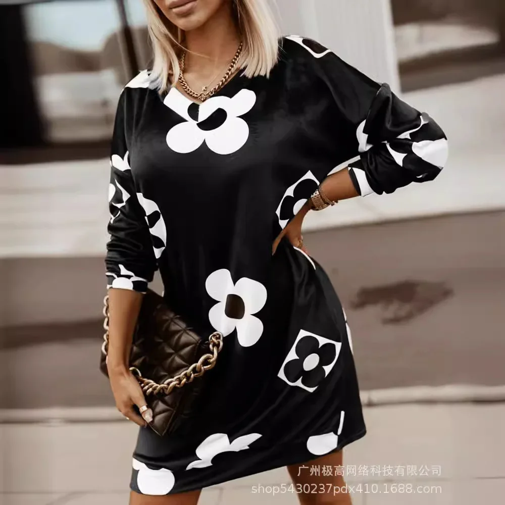

Women's Clothing Floral Flower Print Dress Long Sleeve O Neck High Waist Fashion Casual Mini Dress Loose
