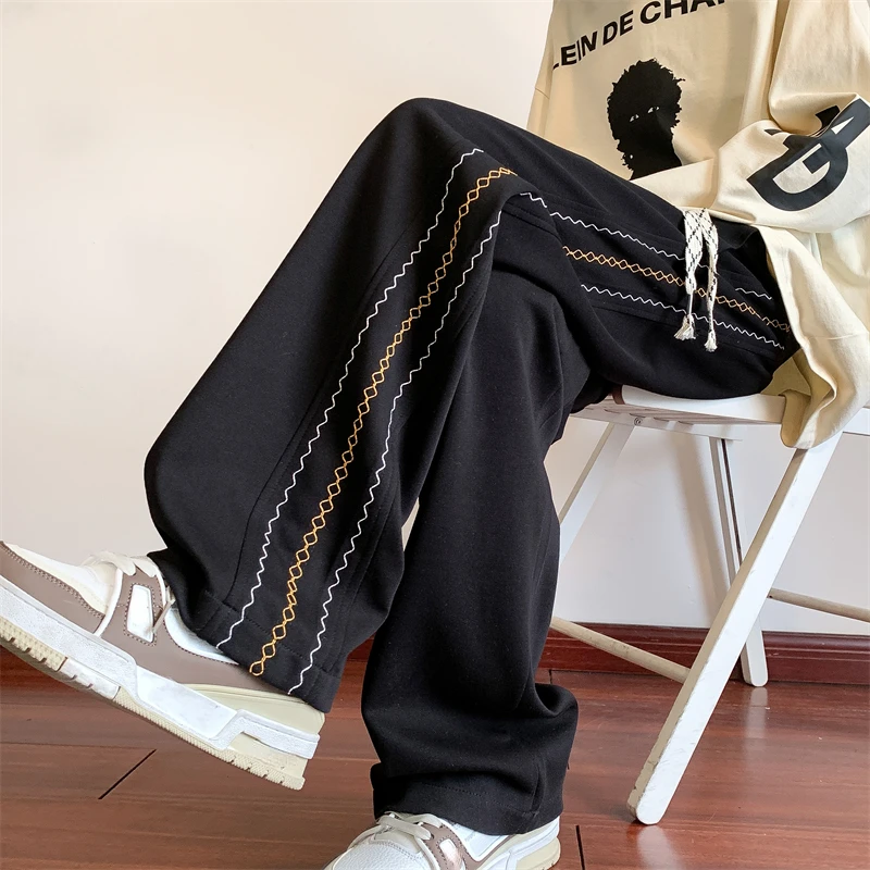 

Men's Casual Pants Trendy Loose Wide Leg Pants Side Wave College Style Sports Sweatpants Elastic Waist Man Trousers