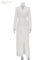 Clacive Fashion Slim White Dress Bodycon Lapel Long Sleeve Ankle Length Dress Party Elegant Classic Slit Dresses For Women 2024 - Image 5