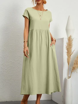 Women Elegant Solid Maxi Dress Summer Short Sleeve O Neck Vintage Harajuku Cotton Linen Loose Sundress Y2K Pockets Long Dress 1