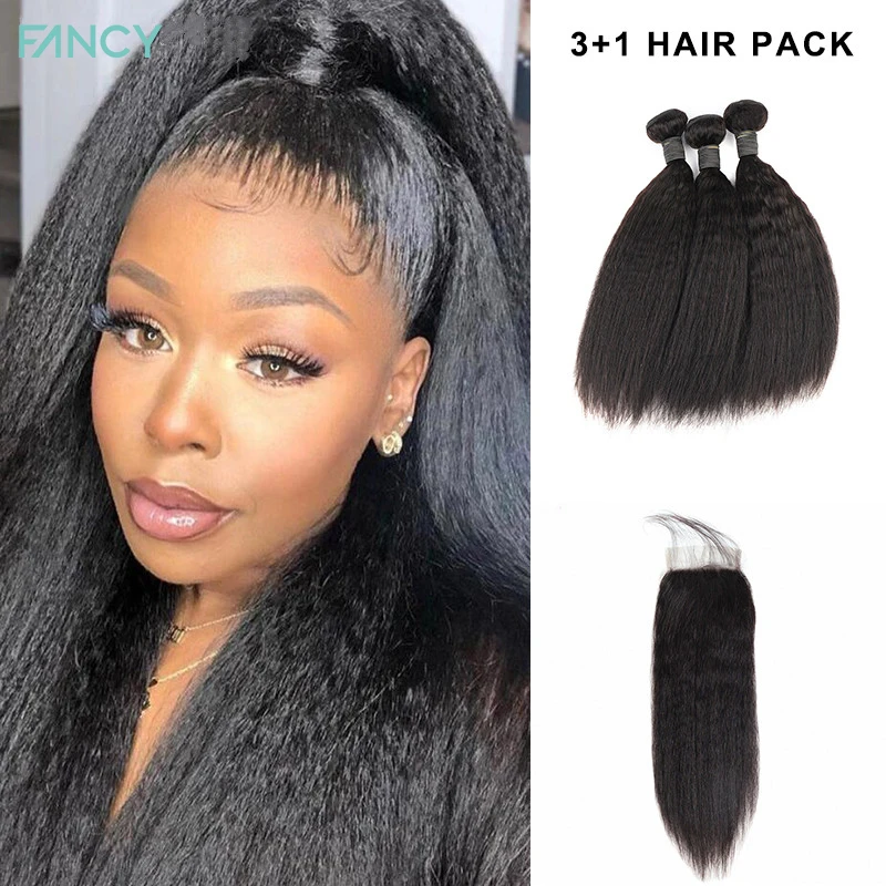 Brazilian Remy Yaki Straight Bundles 4x4 Lace Closure Kinky Straight Hair 3 Bundles with Closure Human Hair Weave Extensions