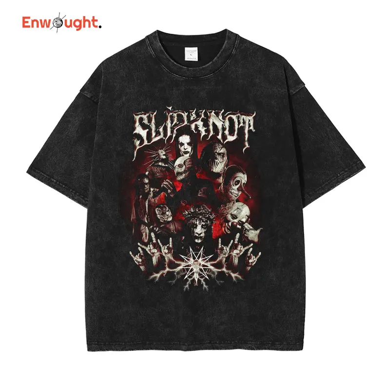 

SlipKnot T Shirt Hip Hop Rock Band Vintage Washed Tops Tees Oversized T-shirt Harajuku Short Sleeve Sweatshirts Men 100% Cotton