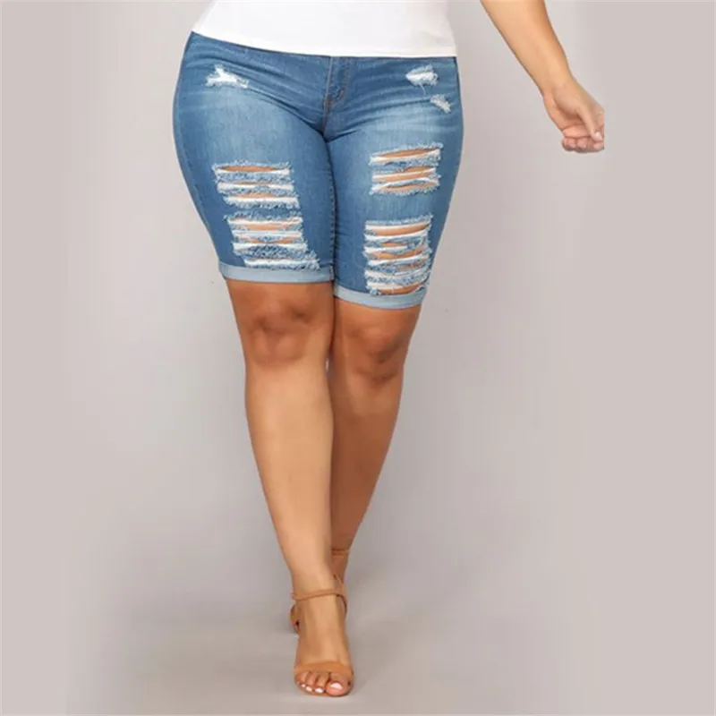2021 Plus Size Women's Summer Blue Denim Shorts Y2k Skinny Ripped Solid Jeans Shorts Indie New Arrival Women Clothing L-5XL