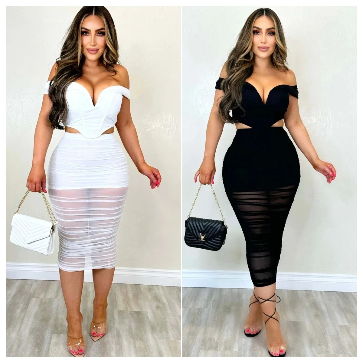 Fashion Women's Set Off Shoulder V-neck Tunic Crop Tops and Ruched Bodycon Midi Skirts 2023 Sexy Two 2 Piece Set Outfits