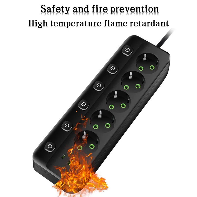 EU Plug Electrical Socket with 5 AC Outlets 2 USB Ports 1 Type C 8 in 1 Plug 2M Power Strip for Home Office EU AC Socket Adapter