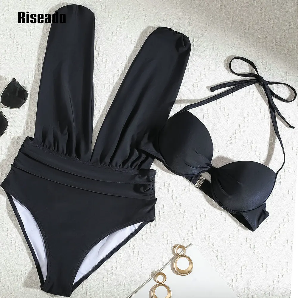 Riseado Sexy Push Up Plunge One Piece Swimsuit Cut Out Brazilian Bathing Suit Underwire Bra Separate Top Black Monokini one piece swimsuit