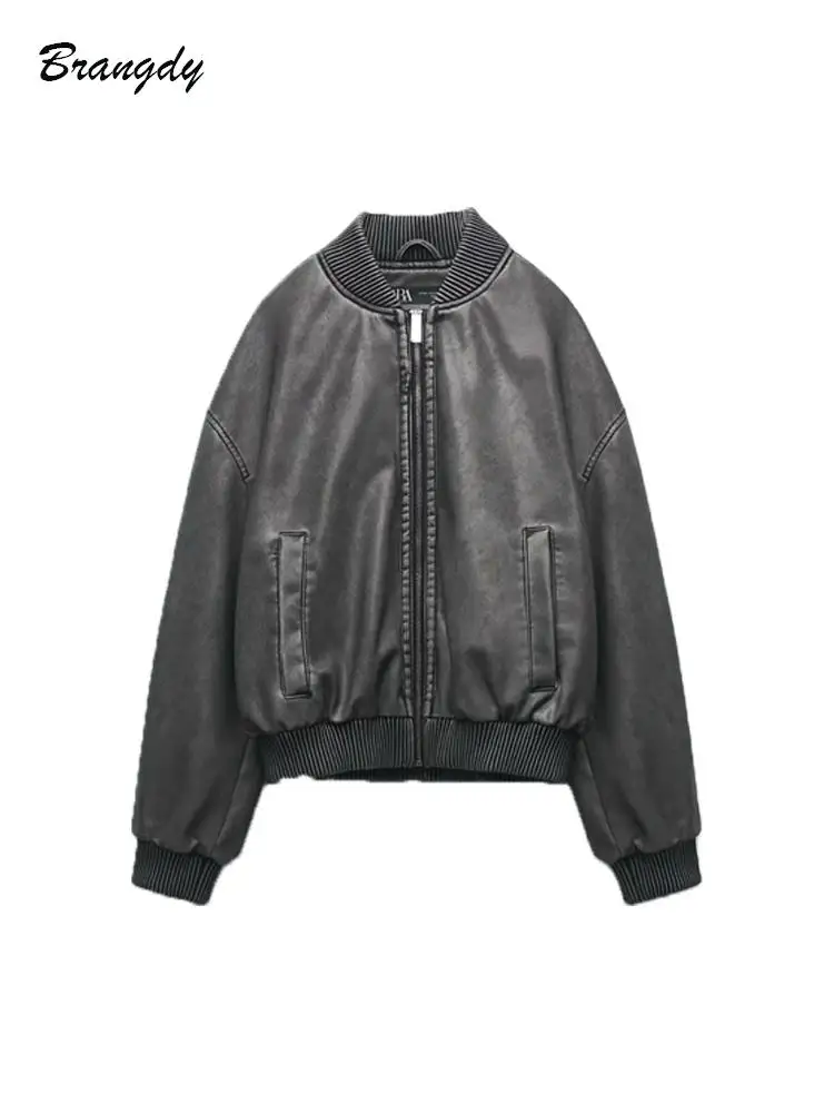 

Traf PU Leather Jacket Women 2023 Vintage Motorcycle Bomber Jackets Female Coat Long Sleeve Overcoat Zipper Cardigan Outwear