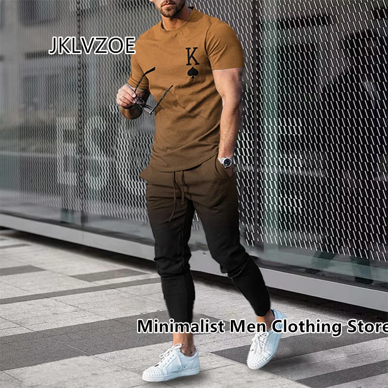 Summer Sportwear Suit Solid Color Short Sleeve T Shirt Long Pants Sets Men Tracksuit K Print Casual Trend Oversized Clothes men tracksuit set short sleeve t shirt long pants new men s summer sets oversized clothing streetwear male oversized clothes