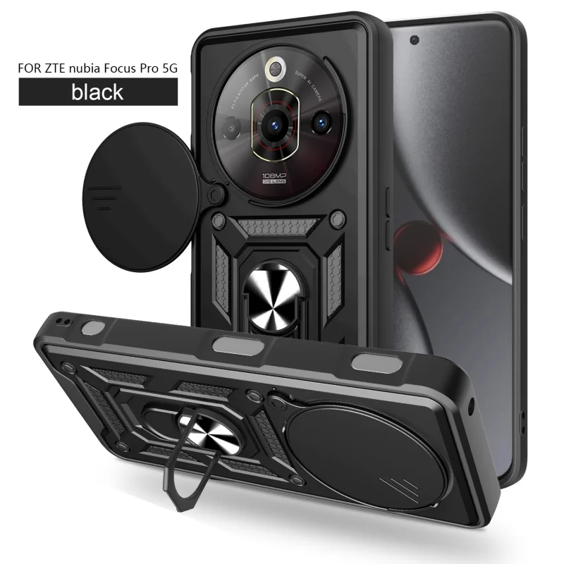 ZTE Nubia Focus Pro 5G Protective Case with Slide Lens Cover and Magnetic Ring Holder Armor Design