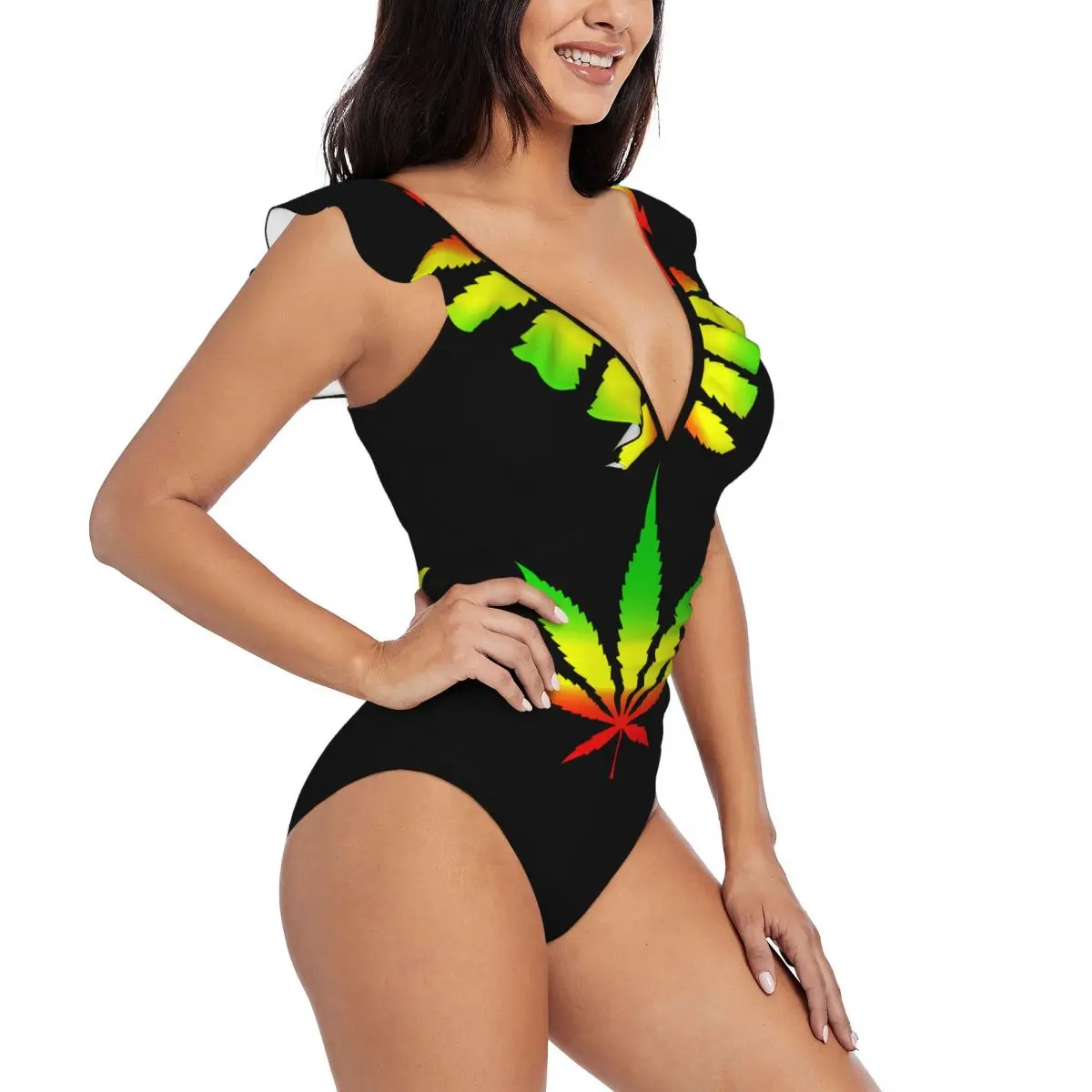 

Women Colorful Leaves Rasta One Piece Swimwear Sexy Ruffle Swimsuit Summer Beach Wear Slimming Bathing Suit